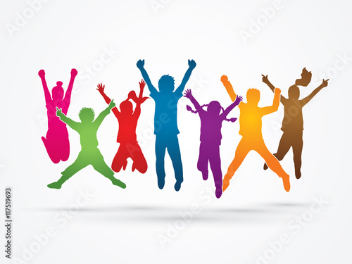 Group of children jumping , Front view designed using rainbows colors graphic vector.