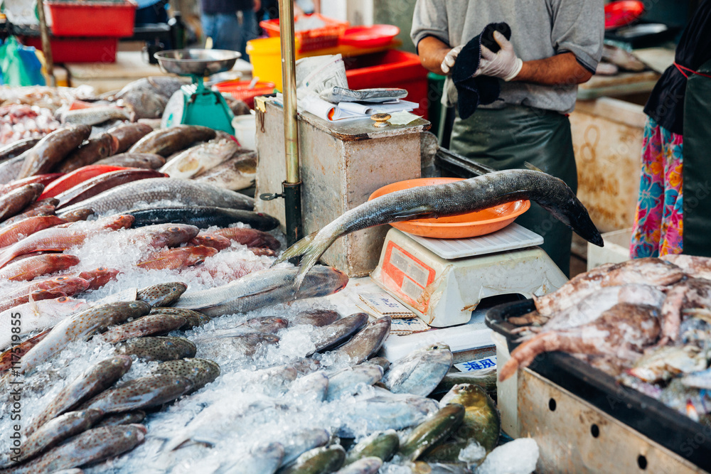 Obraz premium Man weighs fish on the scales