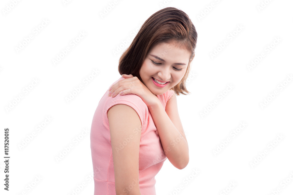 Asian woman injured shoulder on white background. Asian woman injured shoulder on white background.