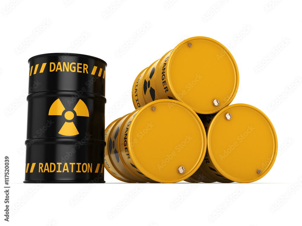 3D rendering Yellow and black radioactive barrels 3D rendering Yellow and black radioactive barrels