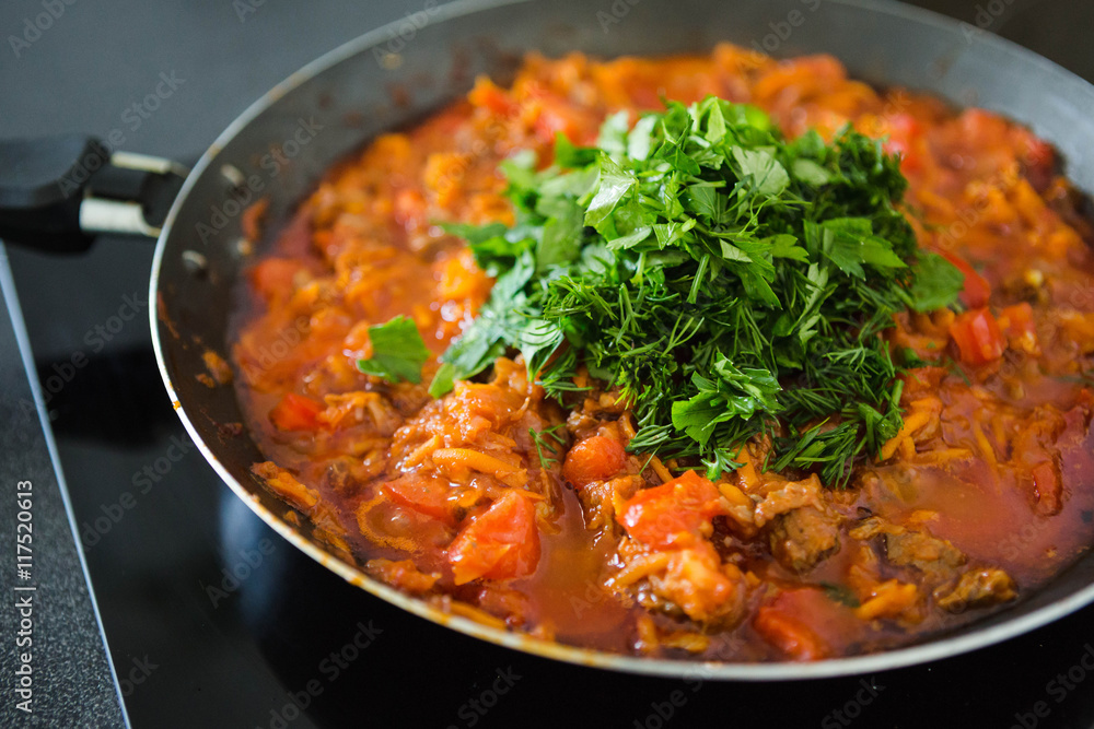 fried onions and carrots, filling soup, garlic, homemade food, chopped parsley, dill fried onions and carrots, filling soup, garlic, homemade food, chopped parsley, dill