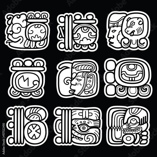 Maya glyphs, writing system and languge vector design  on black background