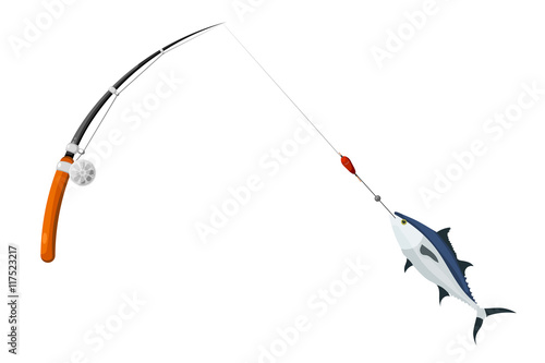 Cardboard style. Fishing spinning. Successful fishing for tuna.