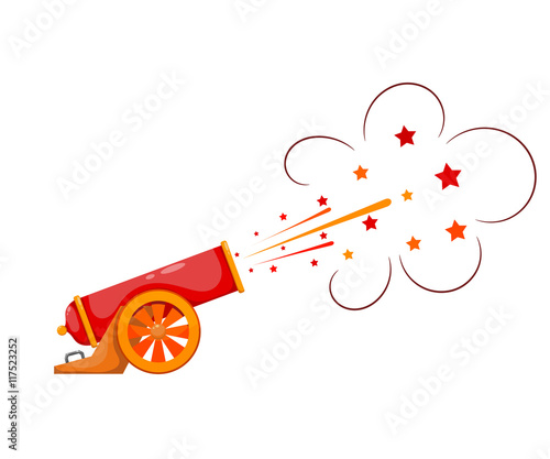 Stampa su tela Vintage gun. Color image of medieval cannon firing on a white ba