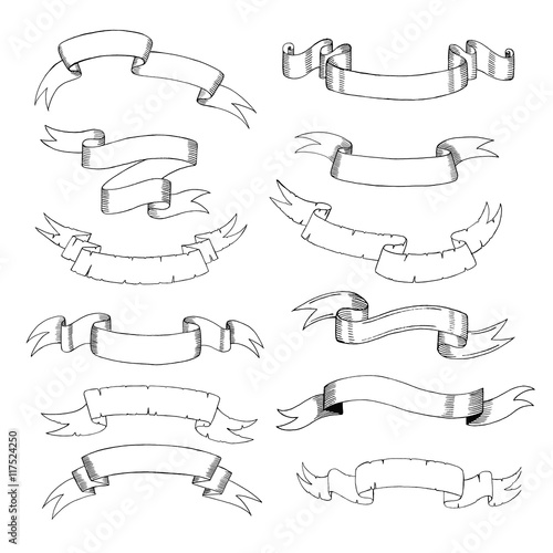 Set different vintage ribbons on white. Drawing by hand, sketch. Decor for advertising or web in an old style. Illustration.