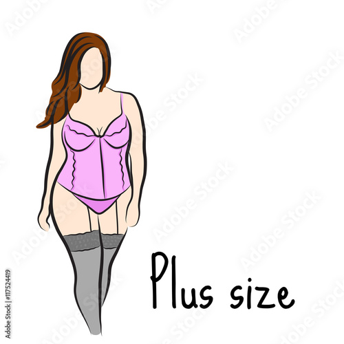 Girl sketch plus size model. Curvy woman. Vector illustration