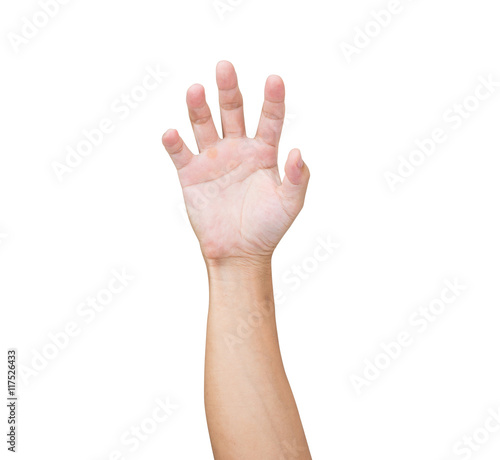 Man hands try to grab something isolated on white background, clipping path