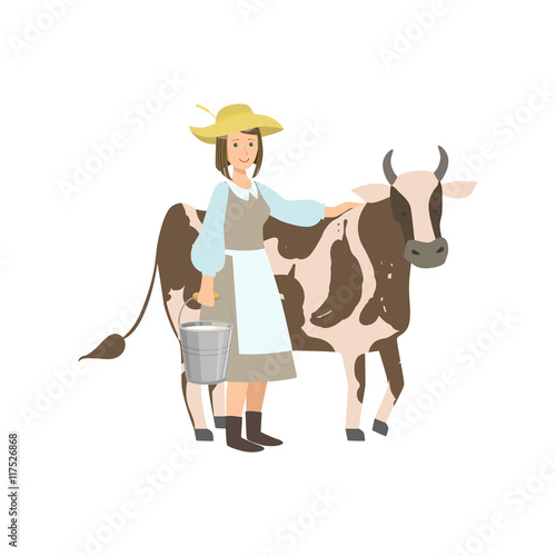 Milkmaid With Cow And Metal Bucket  Milk photo