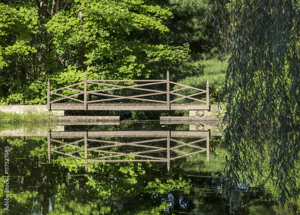 Old Wooden Bridge Across a Forest Pond Old Wooden Bridge Across a Forest Pond