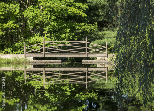 Old Wooden Bridge Across a Forest Pond