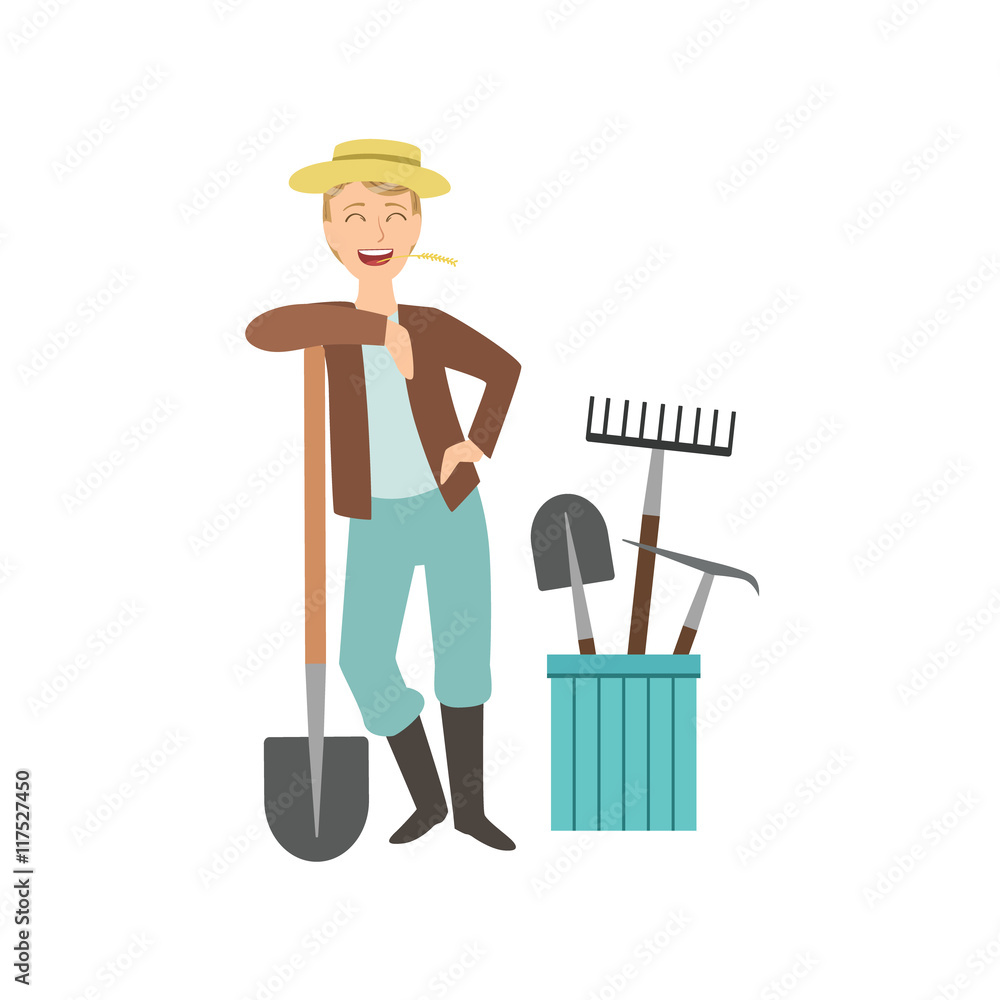 Guy Leaning On Spade With Bucket Of Other Farm Equipment Behind Guy Leaning On Spade With Bucket Of Other Farm Equipment Behind