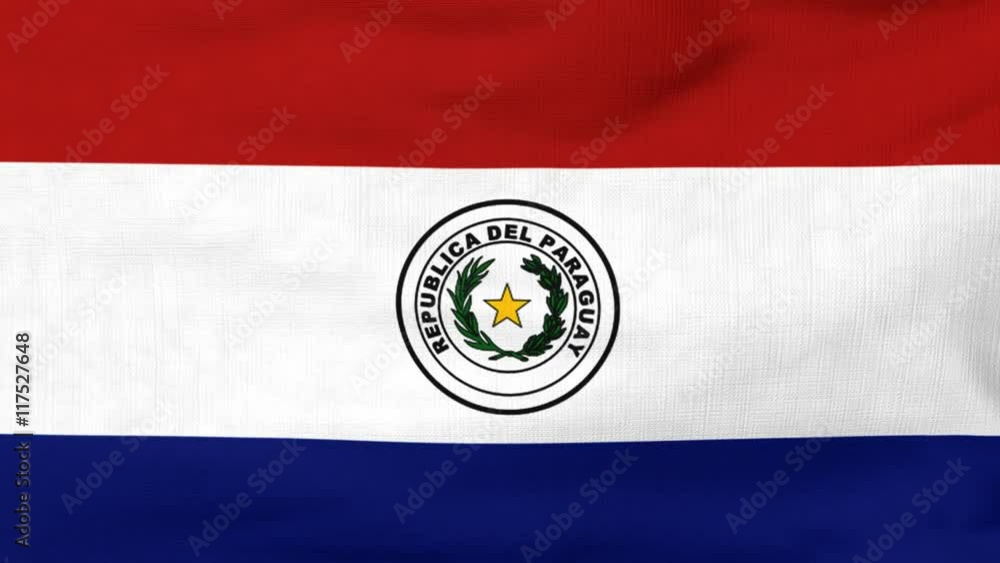 National flag of Paraguay flying and waving on the wind. Sate symbol of Paraguayan nation and government. Computer generated animation.