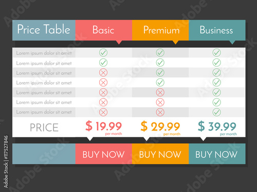 Vector pricing table for websites and applications.