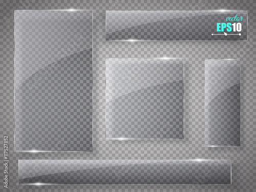 Glass plates set. Vector glass banners on transparent background.