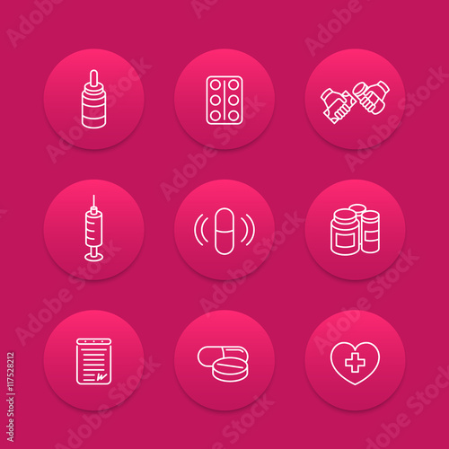 medicine, drugs, pills line icons, pharmaceutics, supplements, pharmaceuticals, medication, vaccination