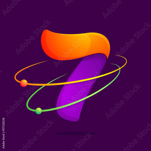 Number seven logo with atoms orbits.