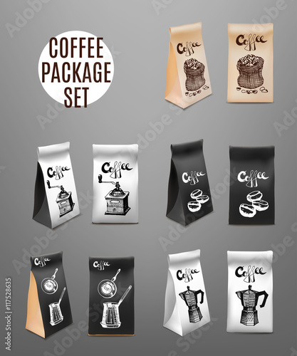 Coffee Packaging Design Set. Template For Beverage Product. Isolated Object. Vector Illustration.