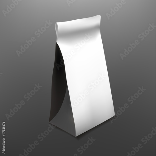 White Paper Food Bag Package For Coffee, Tea, Snacks, Chips, Breakfast,Meal. Isolated Mock Up Template Ready For Your Design. Product Packing Vector. Food to Go