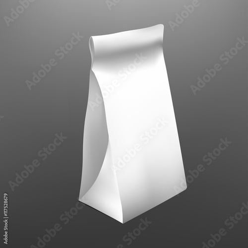 White Paper Food Bag Package For Coffee, Tea, Snacks, Chips, Breakfast,Meal. Isolated Mock Up Template Ready For Your Design. Product Packing Vector. Food to Go