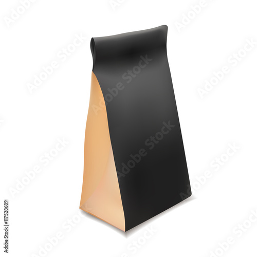 Black Paper Food Bag Package For Coffee, Tea, Snacks, Chips, Breakfast,Meal. Isolated Mock Up Template Ready For Your Design. Product Packing Vector. Food to Go