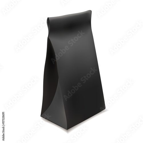Black Paper Food Bag Package For Coffee, Tea, Snacks, Chips, Breakfast,Meal. Isolated Mock Up Template Ready For Your Design. Product Packing Vector. Food to Go