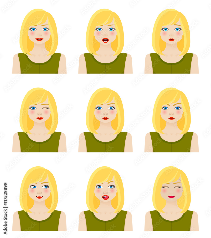 Attractive girl showing different facial expressions. Vector illustration. Attractive girl showing different facial expressions. Vector illustration.