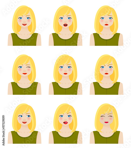 Attractive girl showing different facial expressions. Vector illustration.