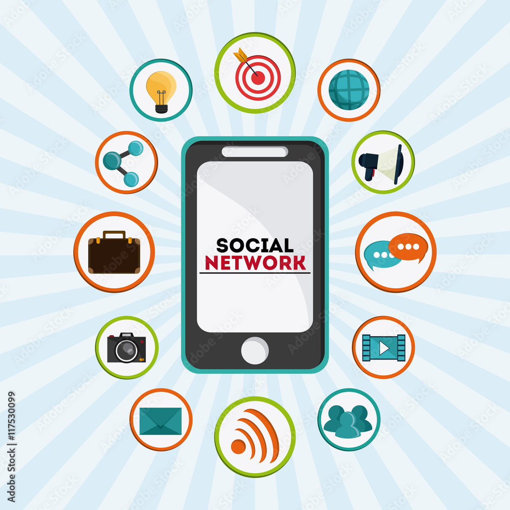 Social Network concept represented by smartphone and icon set design. Colorfull and flat illustration Social Network concept represented by smartphone and icon set design. Colorfull and flat illustration