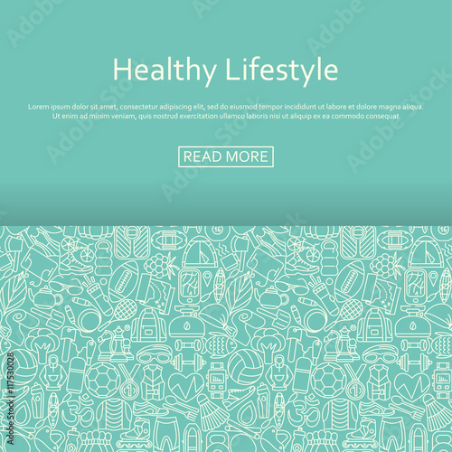 Healthy lifestyle background made of outlined icons. Vector illustration.