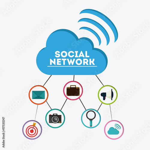 Social Network concept represented by cloud and icon set. Colorfull and flat illustration