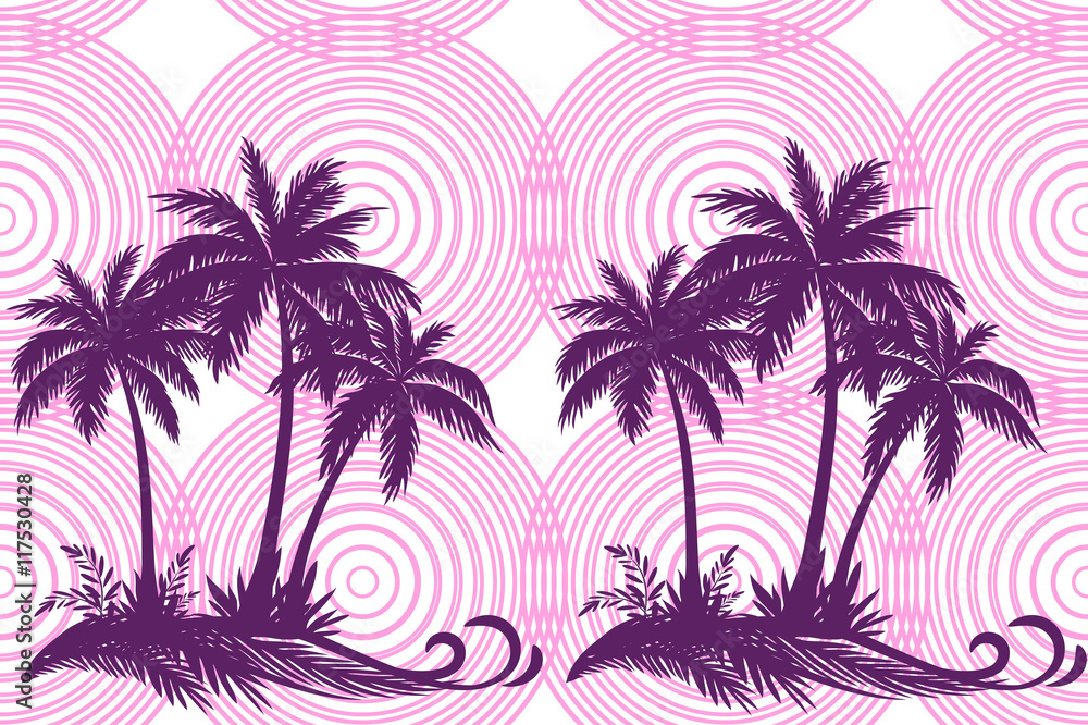 Exotic Horizontal Seamless Pattern, Tropical Landscape, Palms Trees and Grass Silhouettes on Background with Pink Rings. Vector