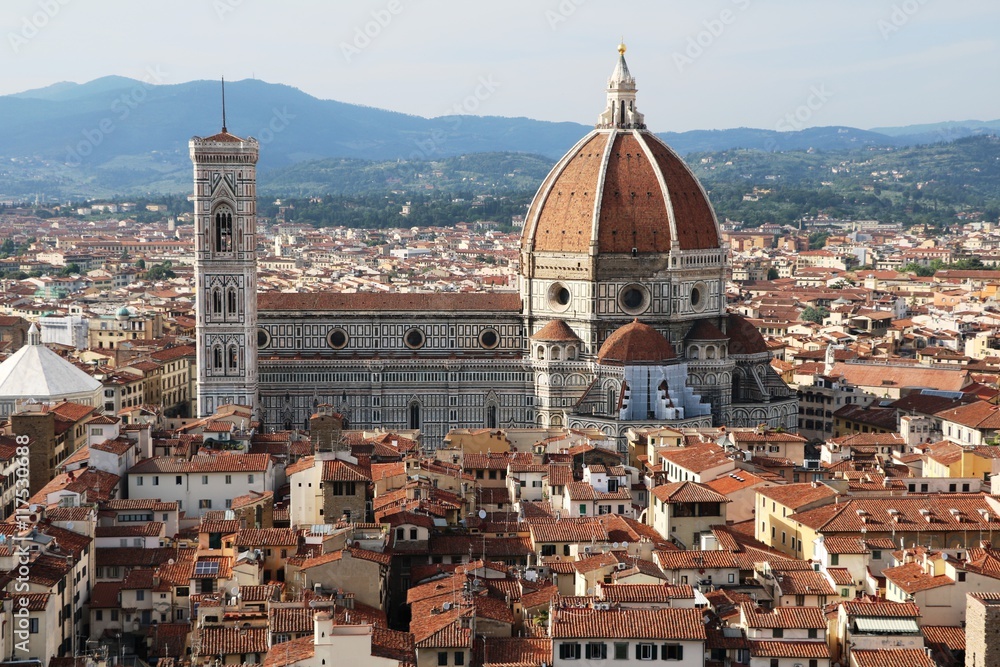 View to Giotto's Campanile and Cathedral Santa Maria from Palazzo Vecchio, Florence Italy