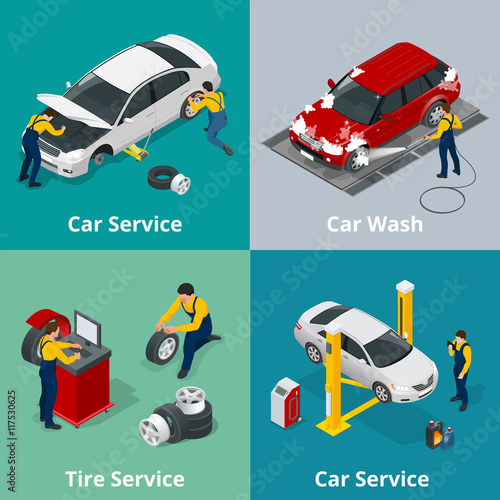 Flat horizontal banners with scenes workers in Car repair service center, Tire service, car wash and car repair mechanics. Vector isometric banners for web.