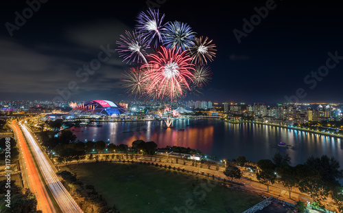 Singapore National Stadium with firework show in Singapore Natio