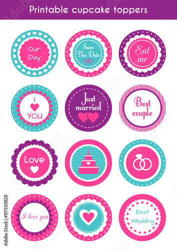 Vector set of printable cupcake wedding toppers