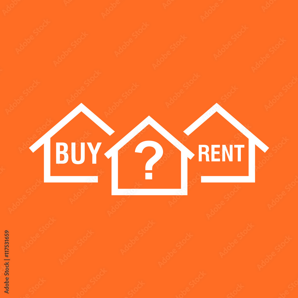 Buy or rent house. White home symbol with the question. Vector illustration in flat style on colourful orange background.