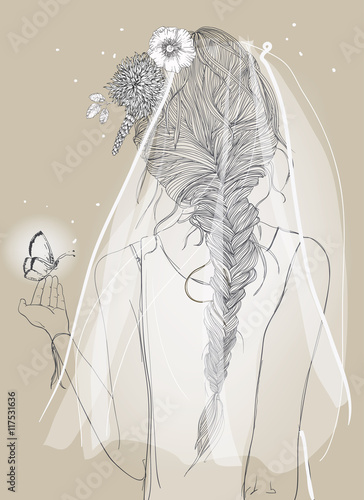 cute bride with a veil and braid