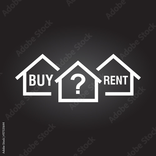 Buy or rent house. White home symbol with the question. Vector illustration in flat style on black background.
