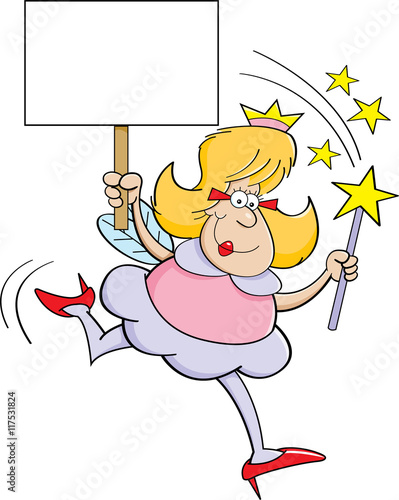 Foto Cartoon illustration of a fairy godmother holding a magic wand and a sign