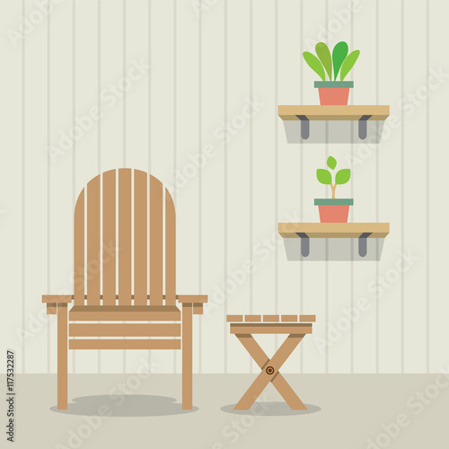 Garden Chair And Table With Pot Plants On Wooden Wall