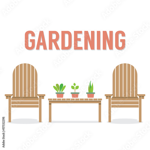 Wooden Garden Chairs And Pot Plant On Table Vector Illustration