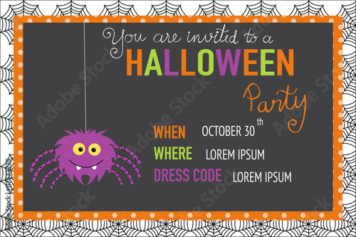 Halloween party invitation cards spider web background  with han