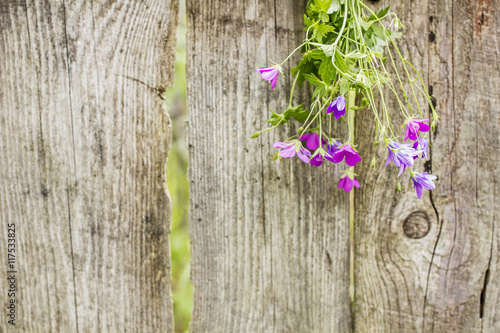 beautiful bouquet of of wildflowers suspended on an old wooden fence in a village