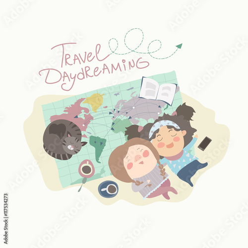 Two cute girls have daydreaming about traveling