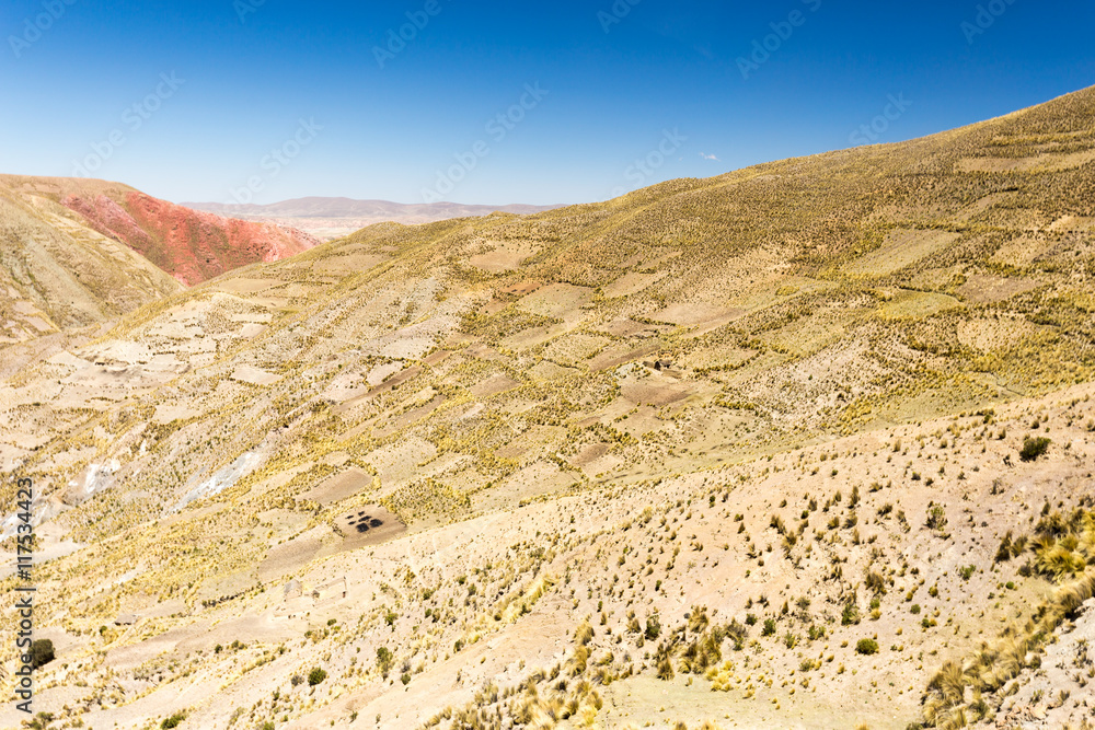Bolivia mountains agriculture terraces.