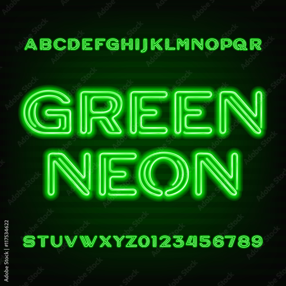 Neon tube alphabet font. Green type letters and numbers on a dark background. Vector typeface for your design.