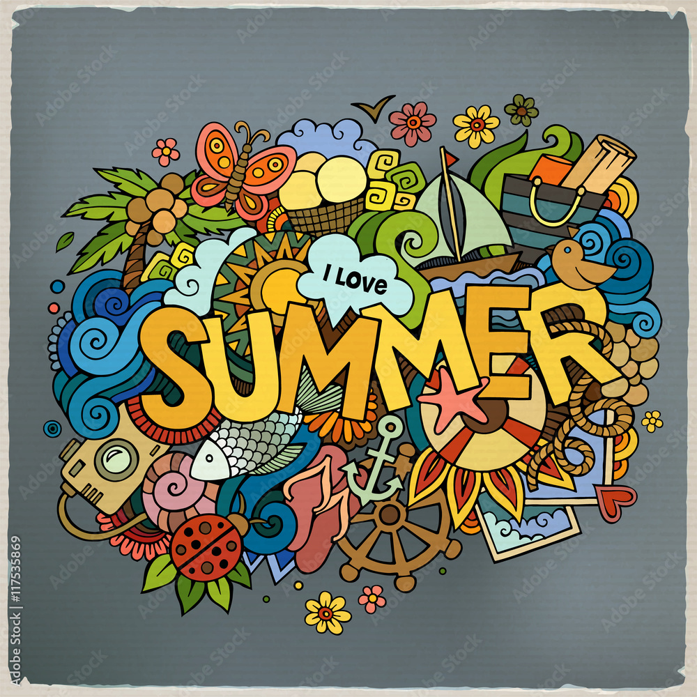 Summer hand lettering and doodles elements