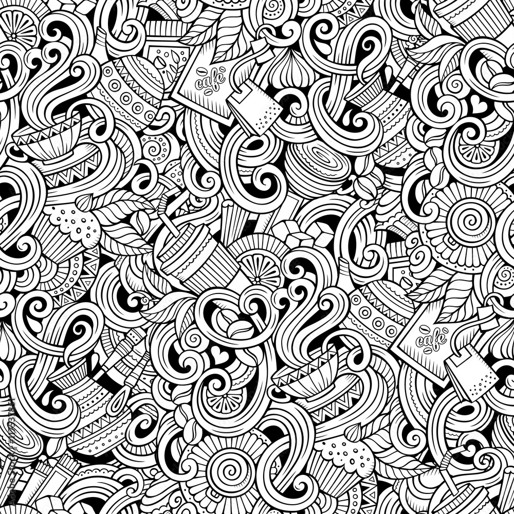 Cartoon hand-drawn doodles of cafe, coffee shop seamless pattern