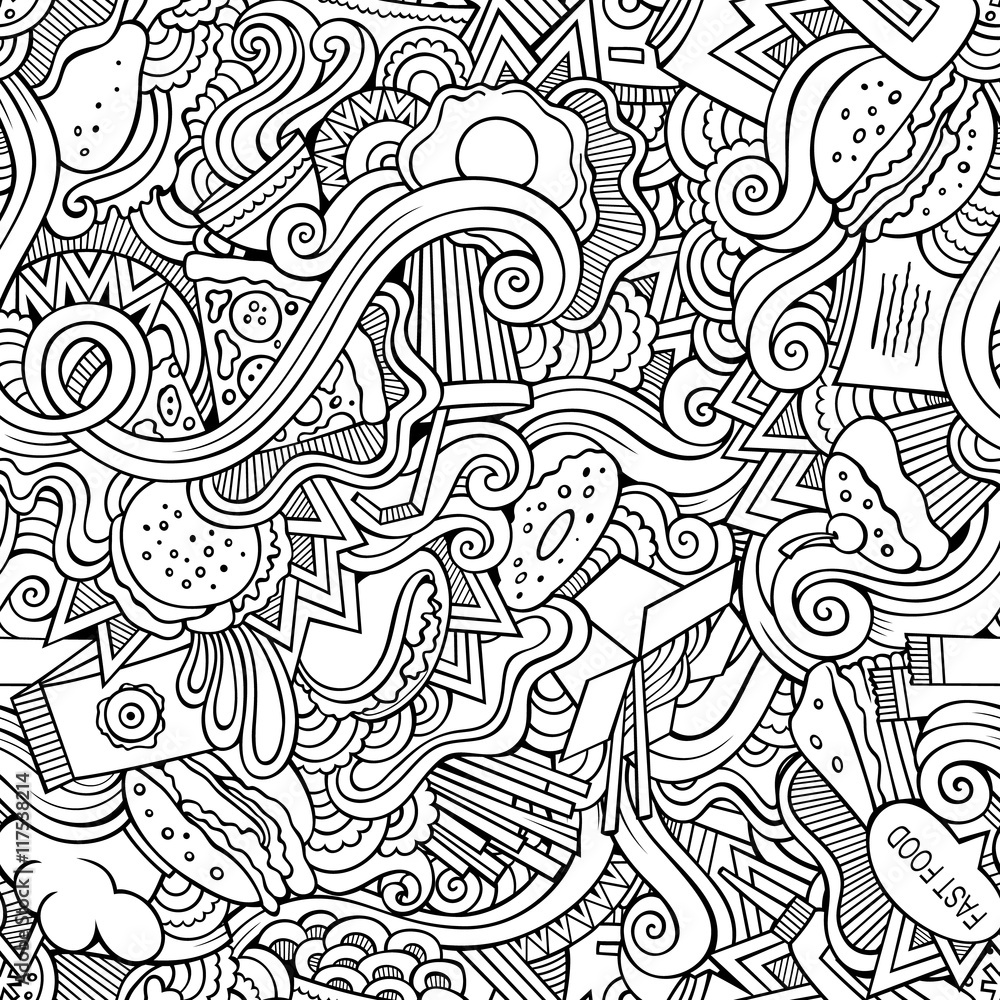 Seamless doodles abstract fast food pattern