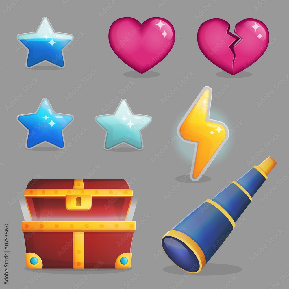 Collection of user rewards inside of a treasure chest. Life and experience icons, game achievements, opened treasure chest and coins. Game and app ui icons. Collection of user rewards inside of a treasure chest. Life and experience icons, game achievements, opened treasure chest and coins. Game and app ui icons.